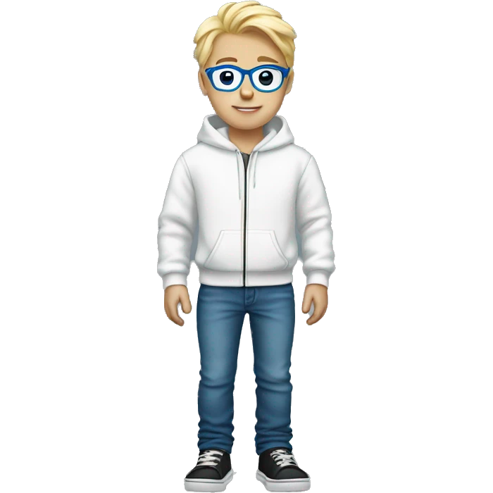 blonde boy with a white hoodie and black shoes and blue glasses and jeans emoji