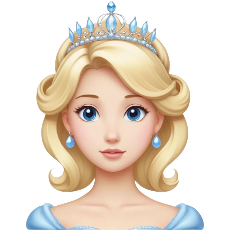 Cinematic Majestic Cinderella Portrait Emoji, rendered in a realistic, vector-style with clean, bold shapes. Depict Cinderella with a refined, noble expression, her fair skin luminous and her long blonde hair styled in an elegant updo, adorned with a delicate tiara. Her attire is a simple, sparkling ball gown that radiates soft pastel hues, glowing with a soft, majestic light and a subtle glowing outline, epitomizing classic royal beauty. emoji