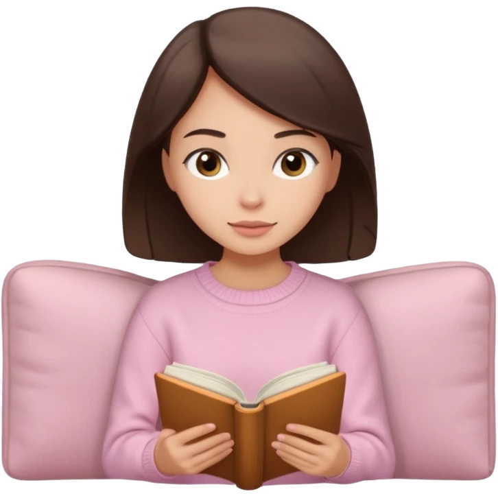 Pretty brown eyed brunette girl with light pink sweater reading cozy emoji