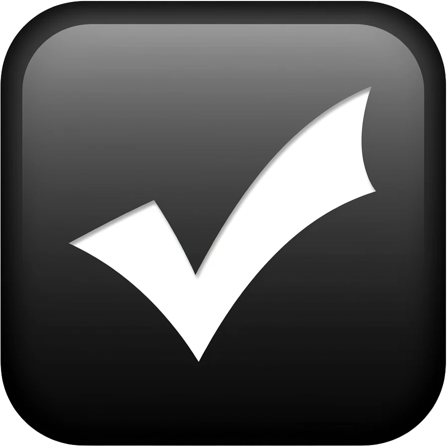 : "A sleek, flat design black badge emoji with a white check mark, minimalistic style, high contrast, square shape emoji