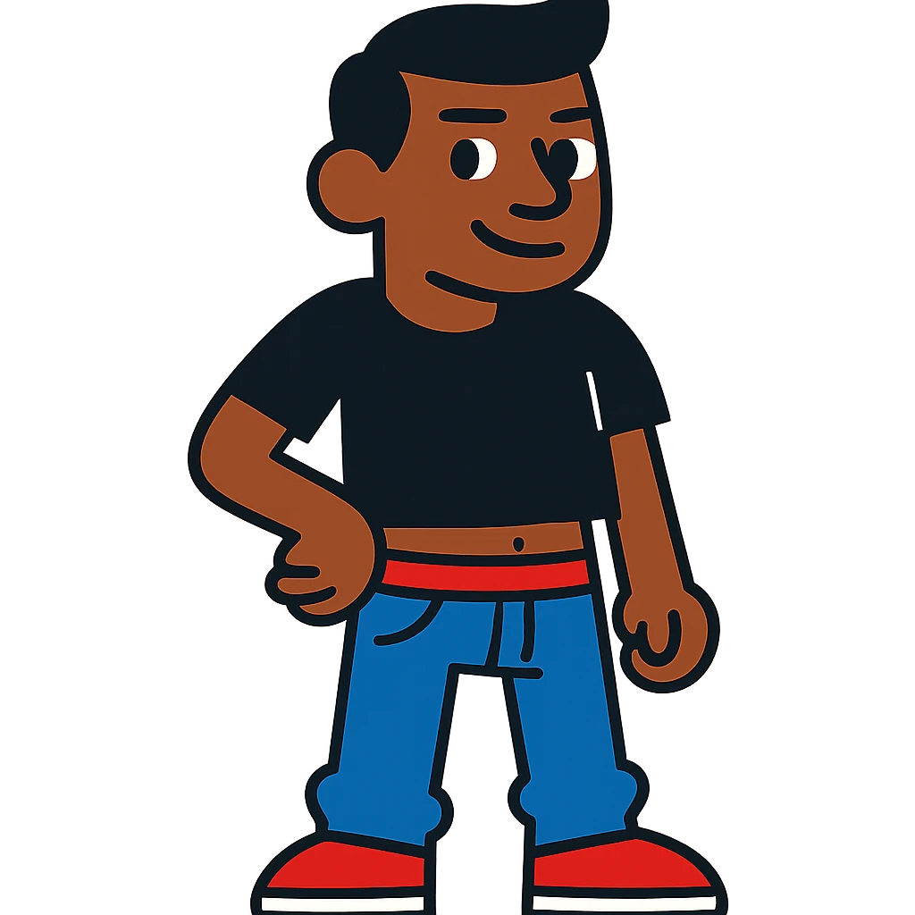personaje con piel marrón, pelo peinado para el lado, ropa negra, pantalones un poco bajados emoji