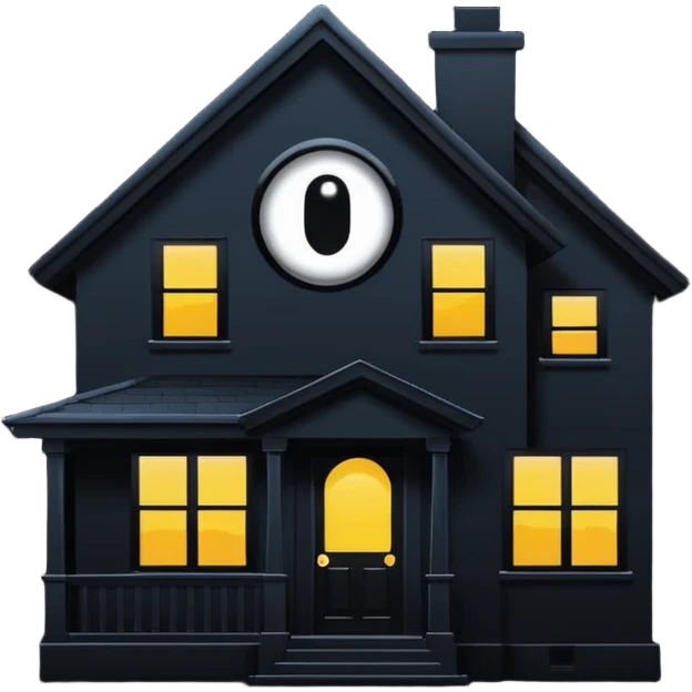 Minimalist emoji-style sticker of a house silhouette at night with a single lit window, and an eye visible inside. Flat, dark, quiet style.
 emoji