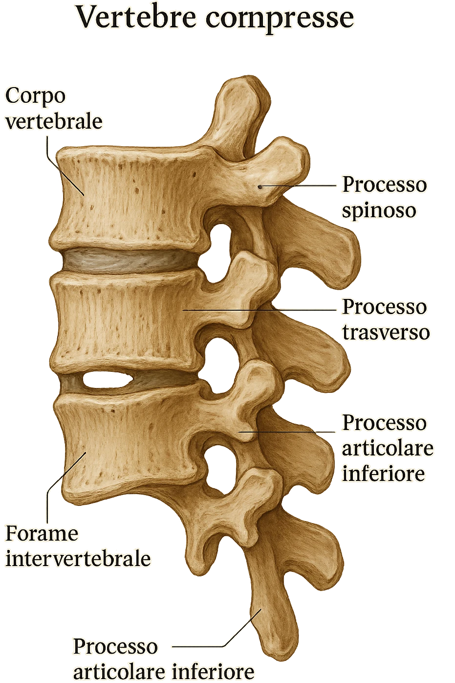 Realistic anatomical illustration focusing exclusively on compressed vertebrae in lateral view, no background, anatomical details, with captions in Italian, aspect ratio 2:3. emoji
