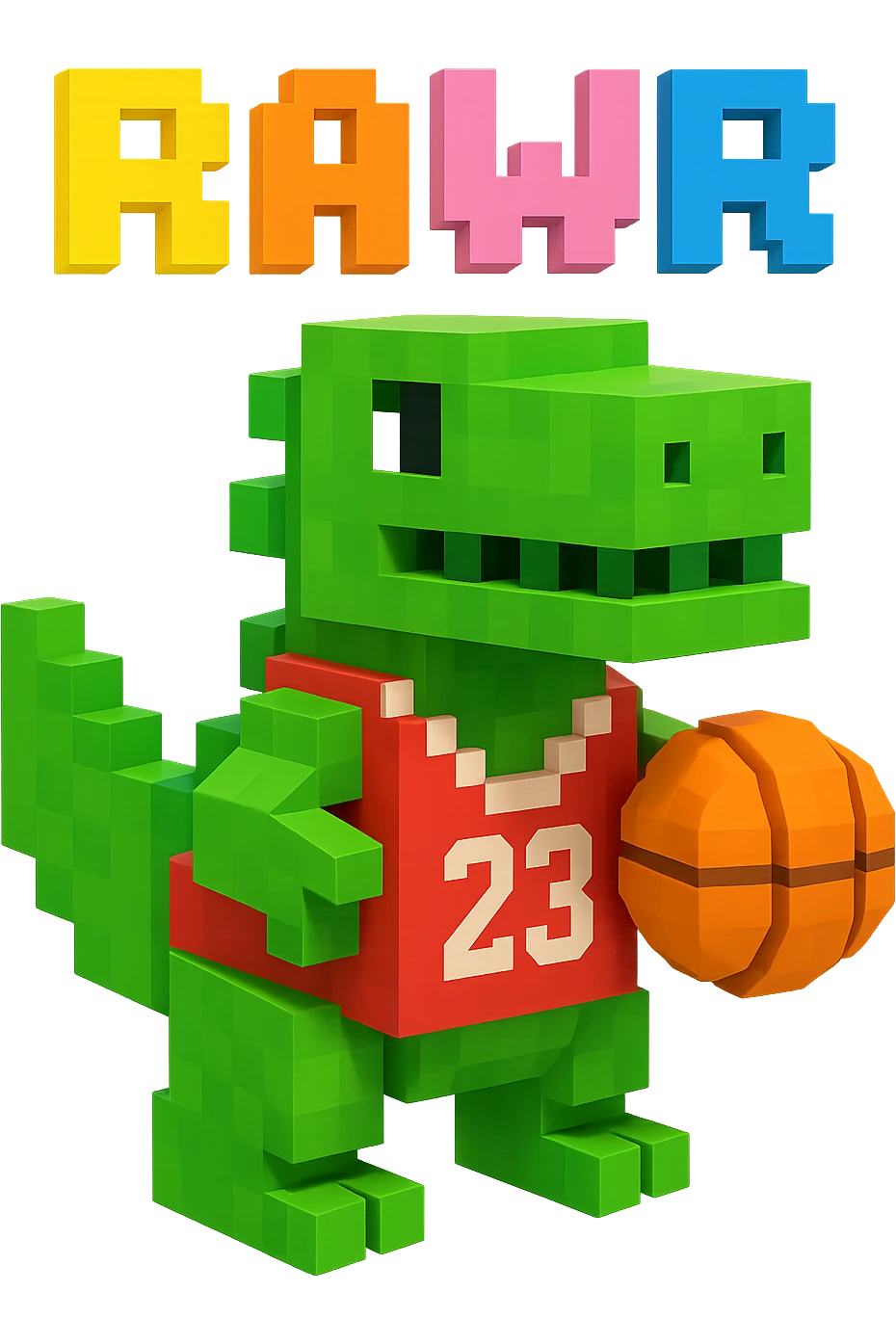 надпись "RAWR" и динозавр с баскетбольном мячом в майке с надписью "23", no background emoji