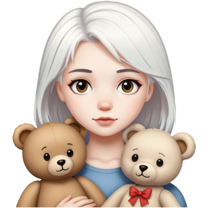 A girl with straight white hair and a teddy bear tattoo emoji