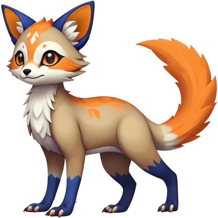 Rare realistic exotic brown beige white neon-orange dark-blues cute epic pretty beautiful handsome gorgeous aesthetic colorful vibrant Vernid-Trico-species-Fakemon-creature by LiLaiRa, 4 legs, 1 tail, random markings, (full body) emoji