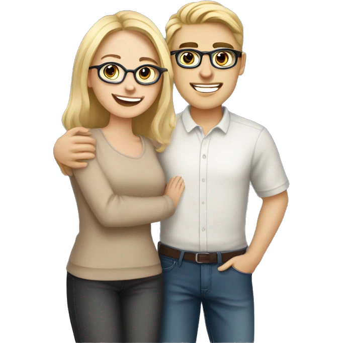 hugging couple, pretty young blonde woman with fair skin and handsome brunette wearing transparent glasses with light skin color emoji