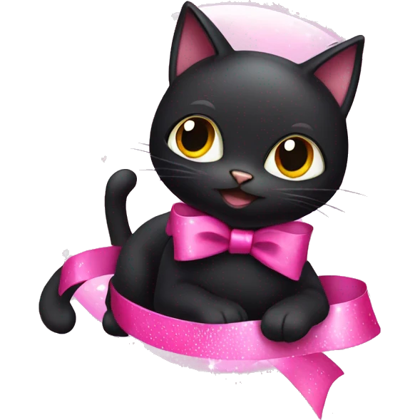 Black cat with pink ribbons and sparkles around it  emoji