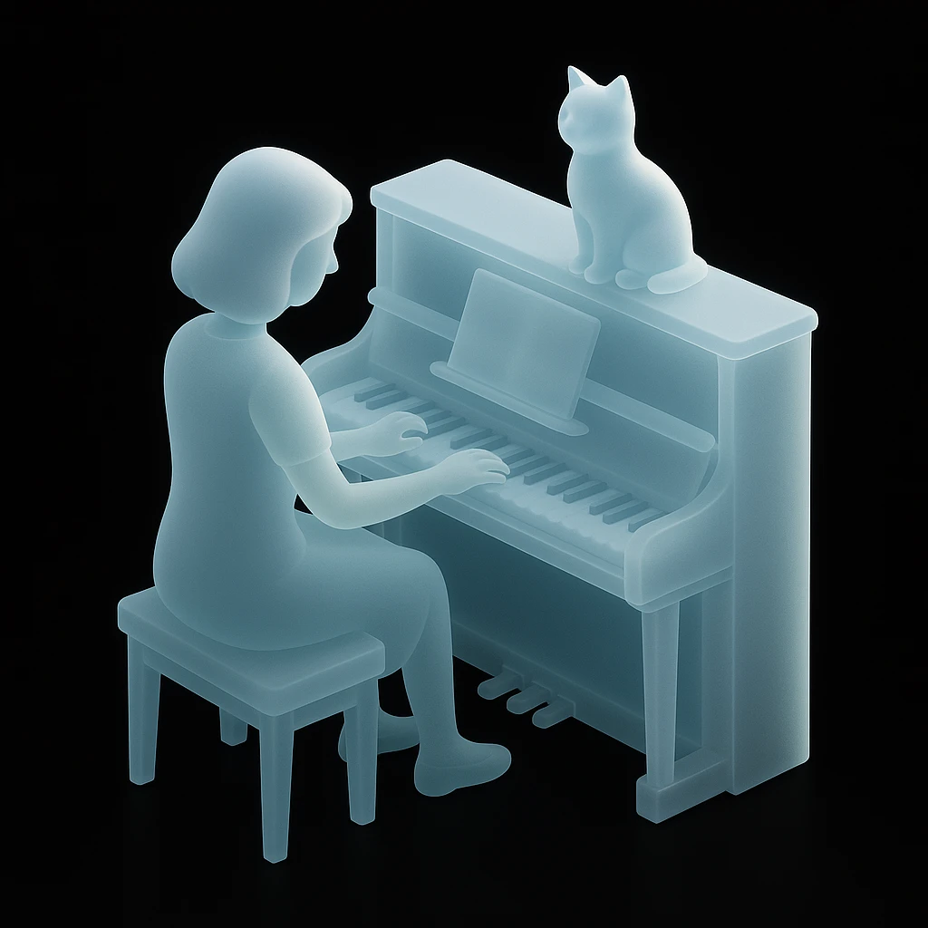 woman playing piano while her cat sits on top of the piano emoji