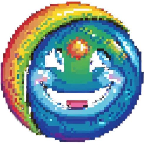 planet with rainbow gradient surface and a big happy smile emoji