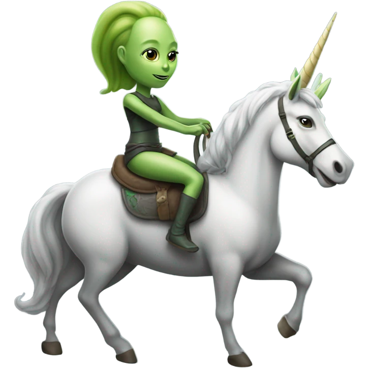 a green  alien woman on a grey white unicorn emoji
