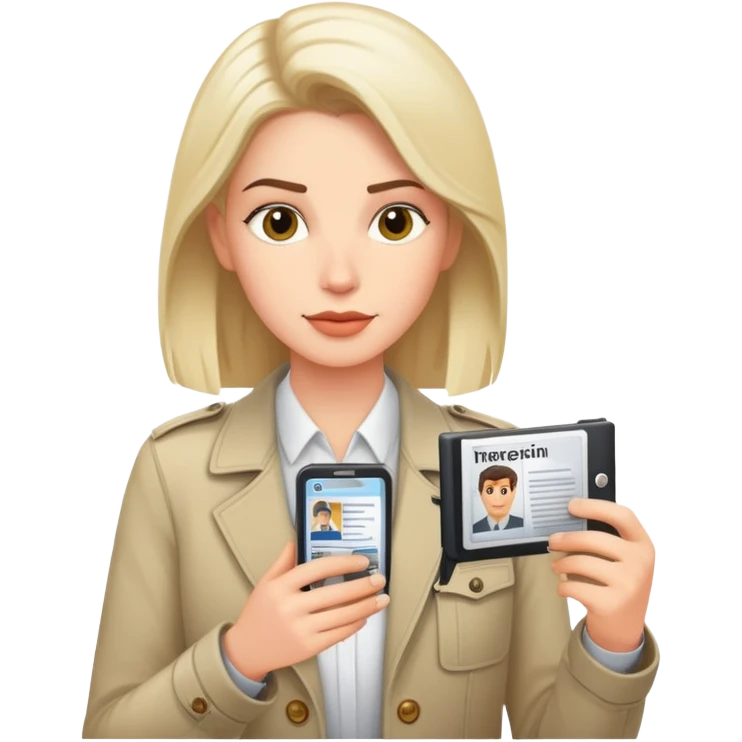 white gender neutral journalist reviewing printed photos, press badge visible emoji