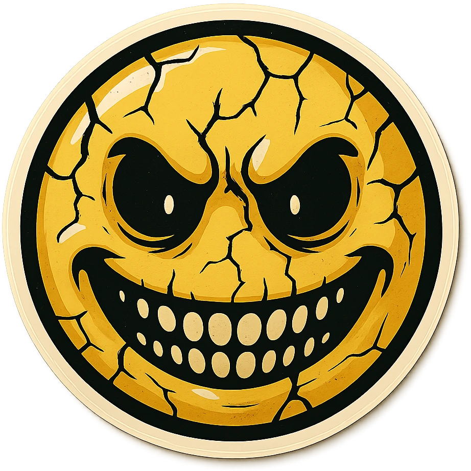 creepy scary emoji with cracks, retro stickers style, sharp black outlines, expressive shadows and highlights, no gradients, only sharp color transitions emoji