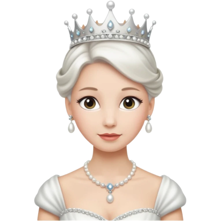 Queen with white bun hair – silver tiara, pearl necklace, elegant gown emoji