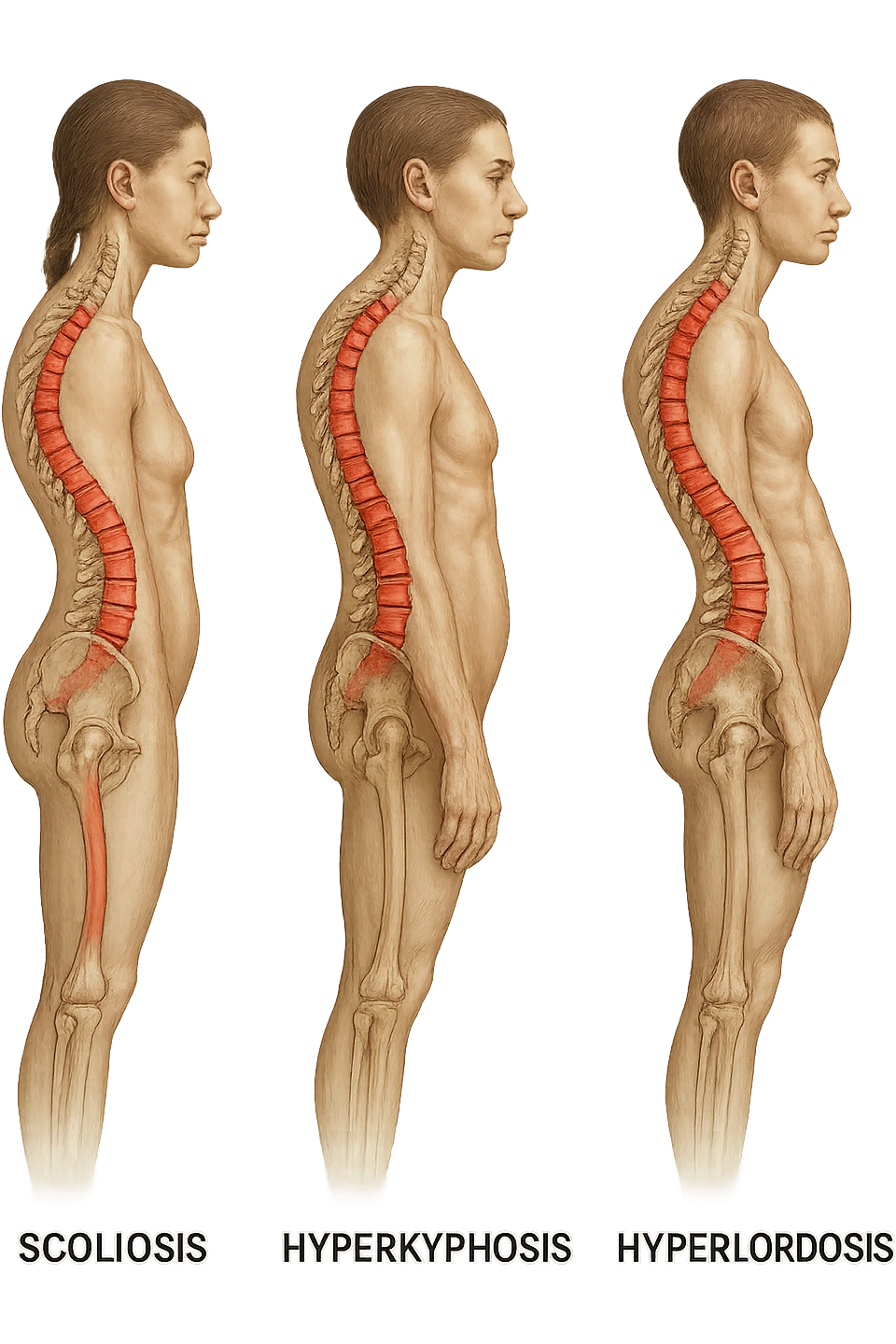 fai un immagine identica che riguarda 3 posture scorrette: scoliosi, ipercifosi e iperlordosi. falla iperrealistica anatomica in 4k con spina dorsale storta in evidenza su ogni figura emoji