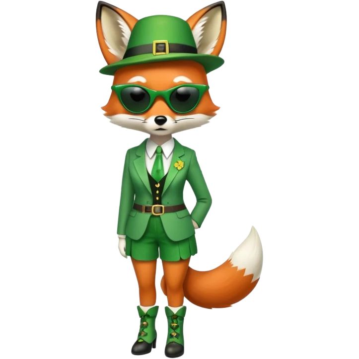 serious anthropomorphised female fox in stylish St. Patrick's Day outfit with sunglasses, looking sad and alone, full-body view emoji