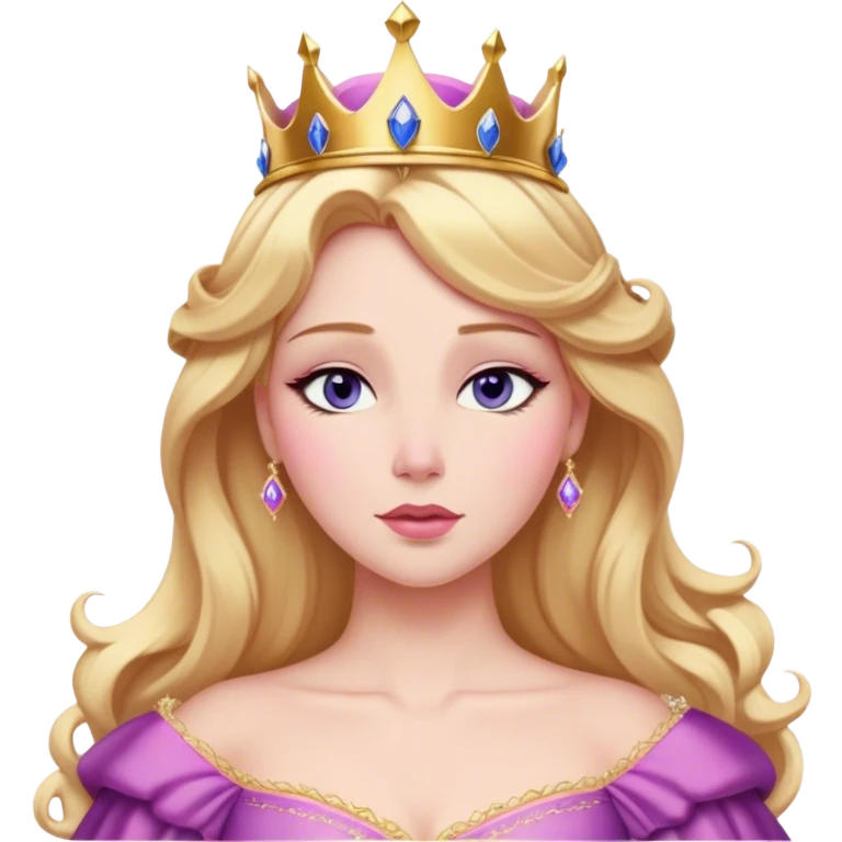 Cinematic Realistic Sleeping Beauty (Aurora) Portrait, with porcelain-like skin featuring a natural rosy flush, illuminated by soft lighting that highlights the gentle contours of her face. Her golden blonde hair flows in soft, detailed waves with subtle highlights that shimmer in the light. Her deep violet-blue eyes radiate warmth and innocence, framed by arched brows and long lashes. Her serene expression exudes quiet elegance. She is dressed in her classic pink gown, the fabric rich in texture with delicate folds that catch the light. A golden crown rests atop her head, gleaming with royal refinement. The portrait captures a soft, glowing aura, blending realism with an ethereal sense of beauty and timeless enchantment. emoji