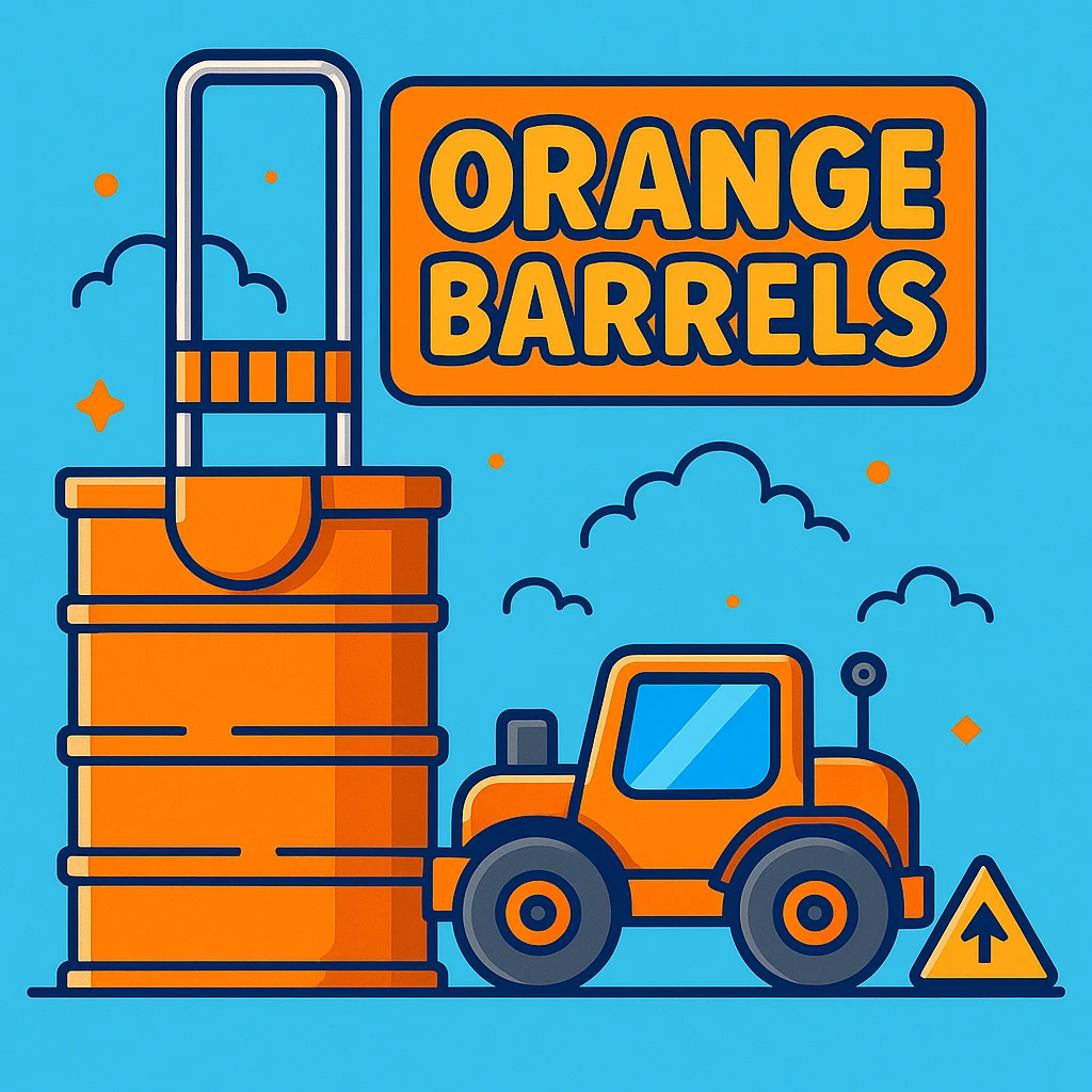 Add a sign next to the orange road construction barrel that says 'Orange Barrels' in a playful cartoon font. Keep the bright, fun background. emoji