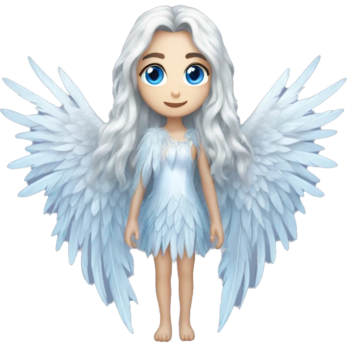 big wings, silver, feather, icy ,snowflake, Beautiful, fairy, long hair, blue eyes emoji