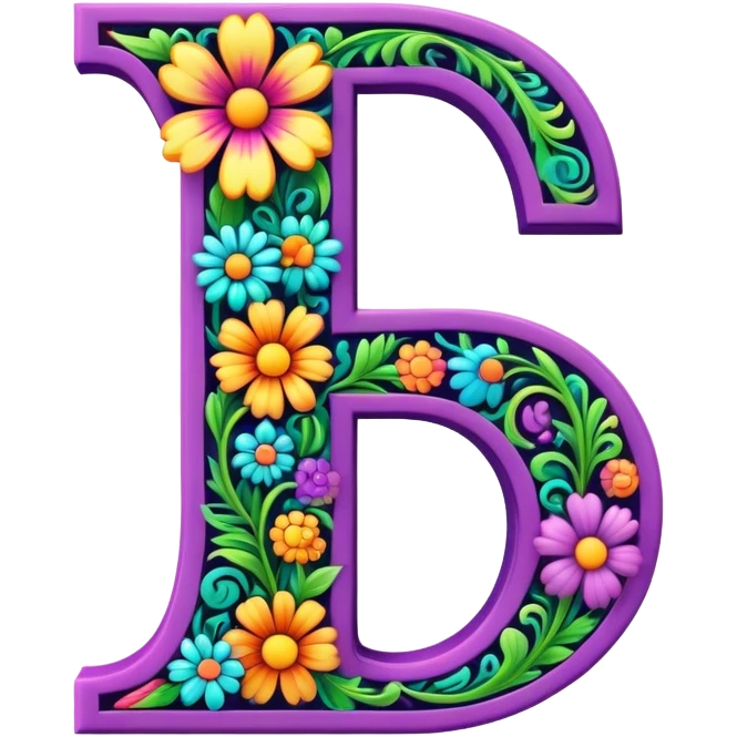 3D, gothic style psychedelic colored capital Letter P with hippie style flower border emoji
