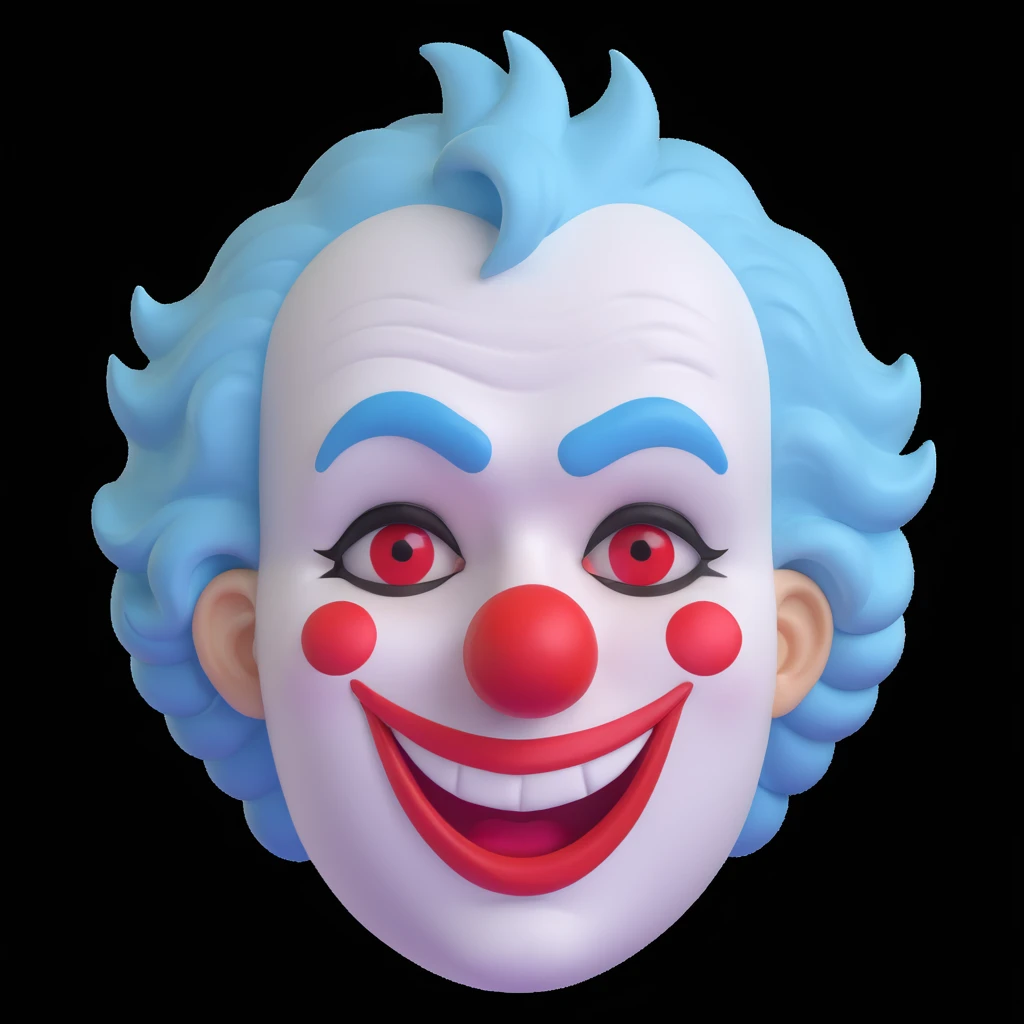portrait-style cartoon of a sad clown, white face paint, red nose, minimalist makeup with drooping eyebrows and frown, visible tears under the eyes, short curly pastel blue hair, simple ruffled collar, soft subdued colors, glossy highlights, emoji-like, centered close-up, white background emoji