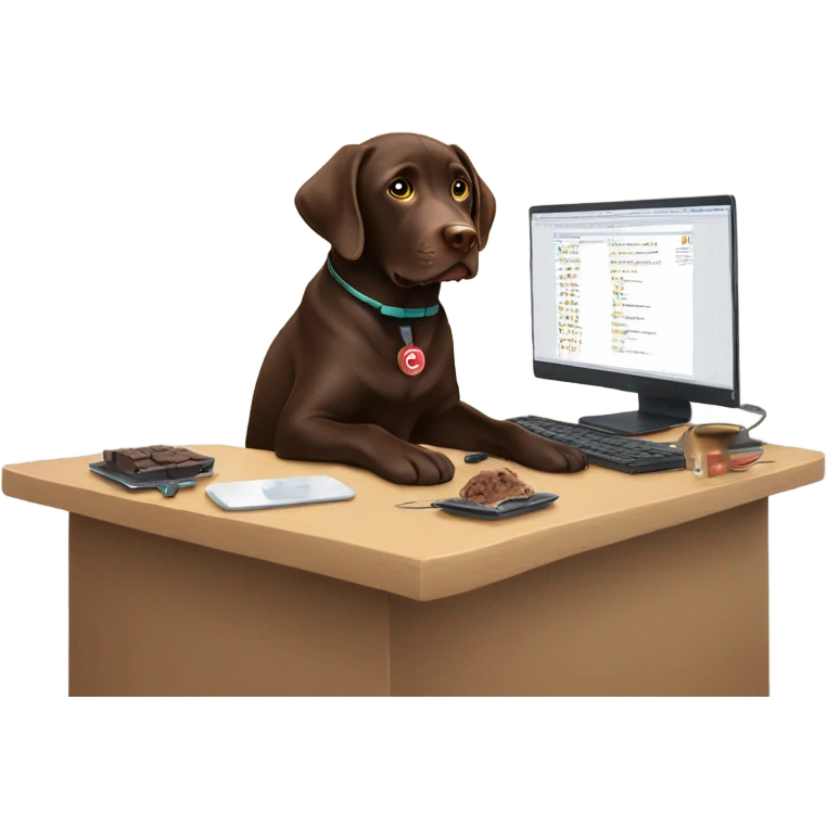 Chocolate lab working on computer with small headset , food on desk emoji