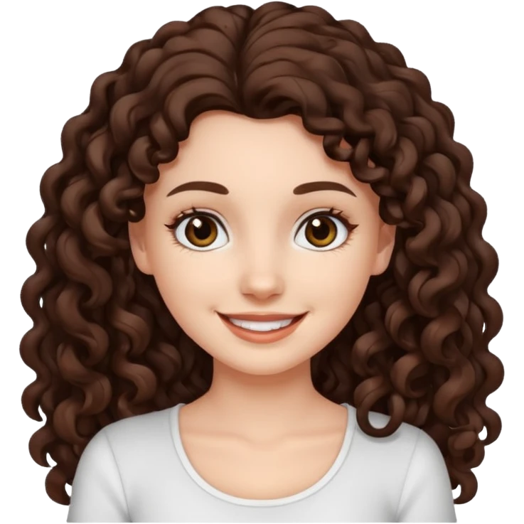 aesthetic white girl with dark brown long curly hair and black eyes  , white top emoji