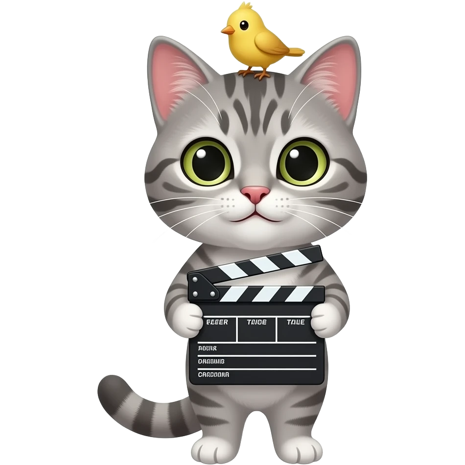a cute loveable gray tabby cat with a small yellow bird on his head, holding a movie clapperboard. the image must be a transparent .png. no light or dark border or outer glow or stroke around the image contour emoji