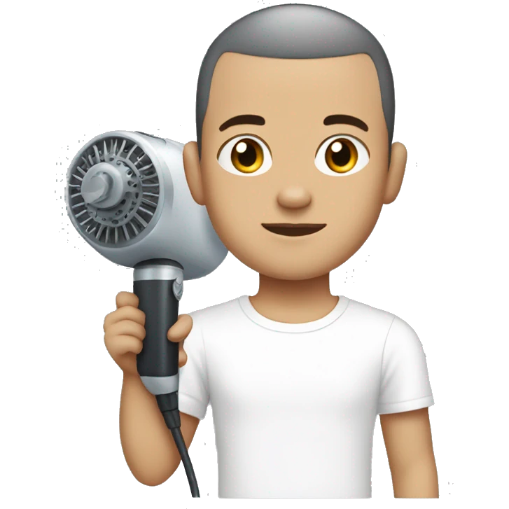 a Boy who is White with no Beard a buzzcut no Hairs at his sides in a White tshirt Holding a hairmachine emoji