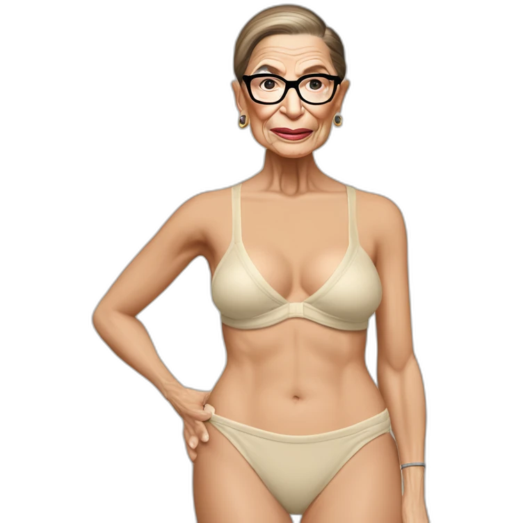 sexy ruth bader ginsburg wearing a string bikini bottoms bare chest (full body, ios17, facing away, looking over shoulder, cream colored bikini) emoji
