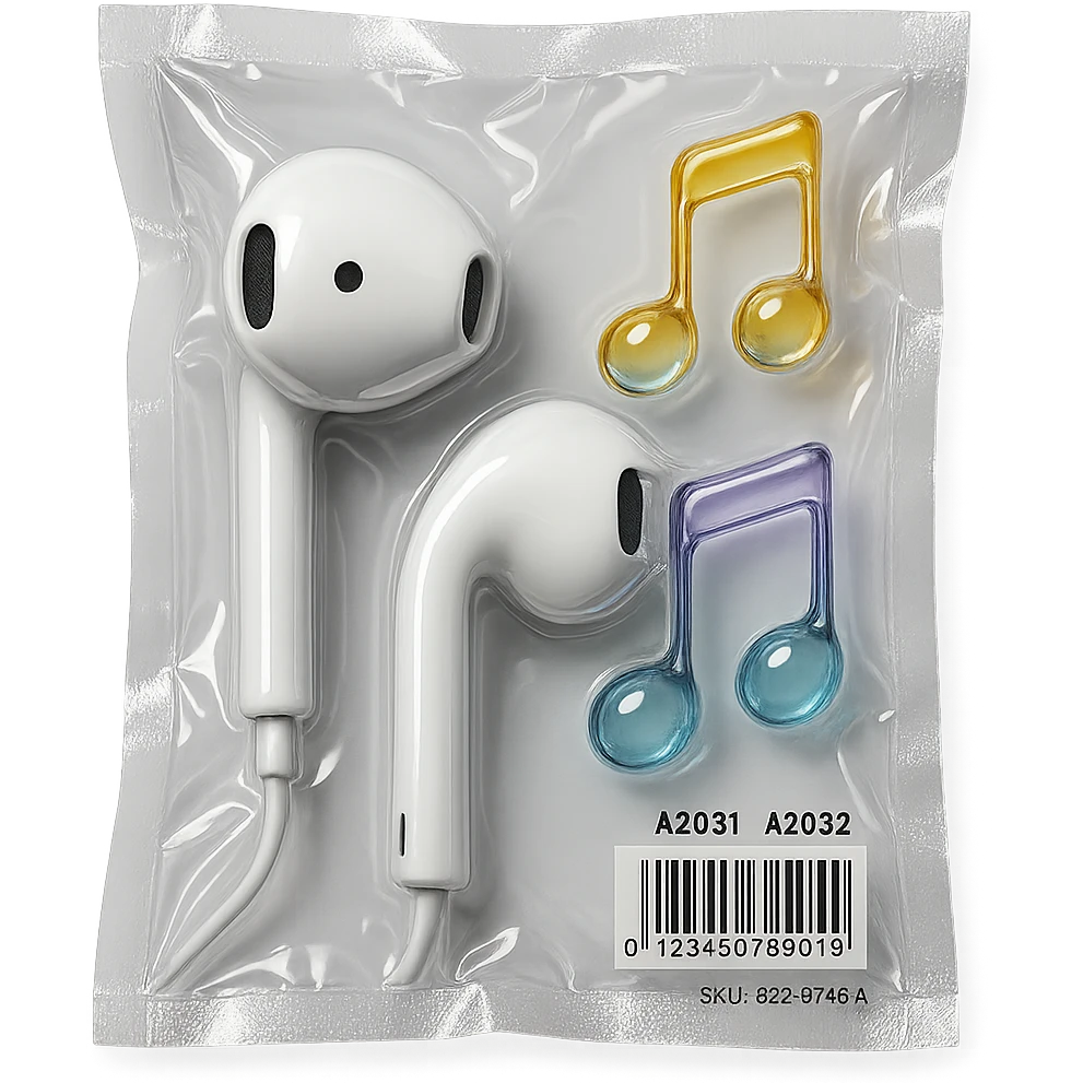 pair of white EarPods with three floating glass music notes in soft gradient colors, glossy and inflated emoji