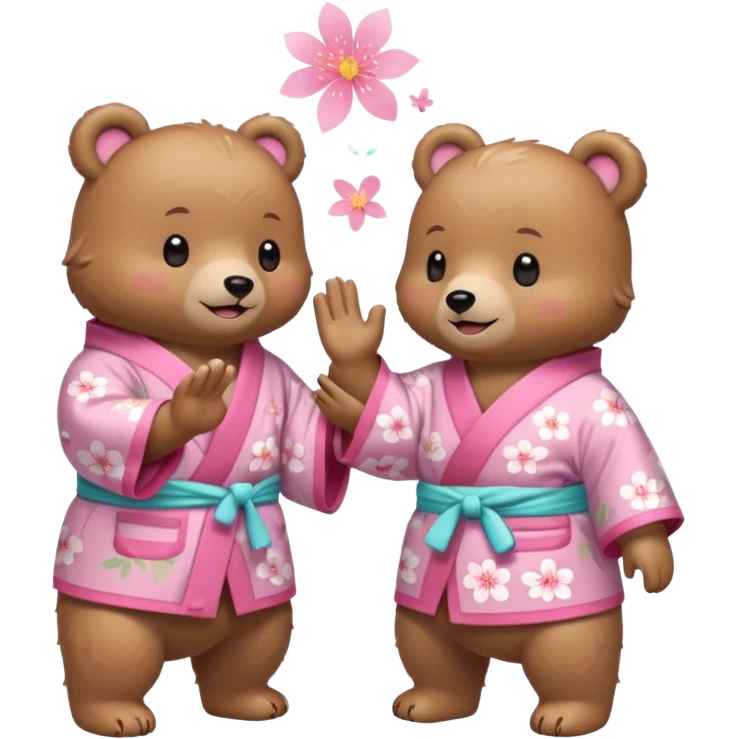 Two cute light-brown bears wearing pastel pink sakura-patterned kimonos, normal balanced body ratio.  
Facing each other and giving a joyful high-five with happy smiling faces and small spark effects.  
Kawaii emoji style, minimalistic clean sticker illustration, white background. emoji
