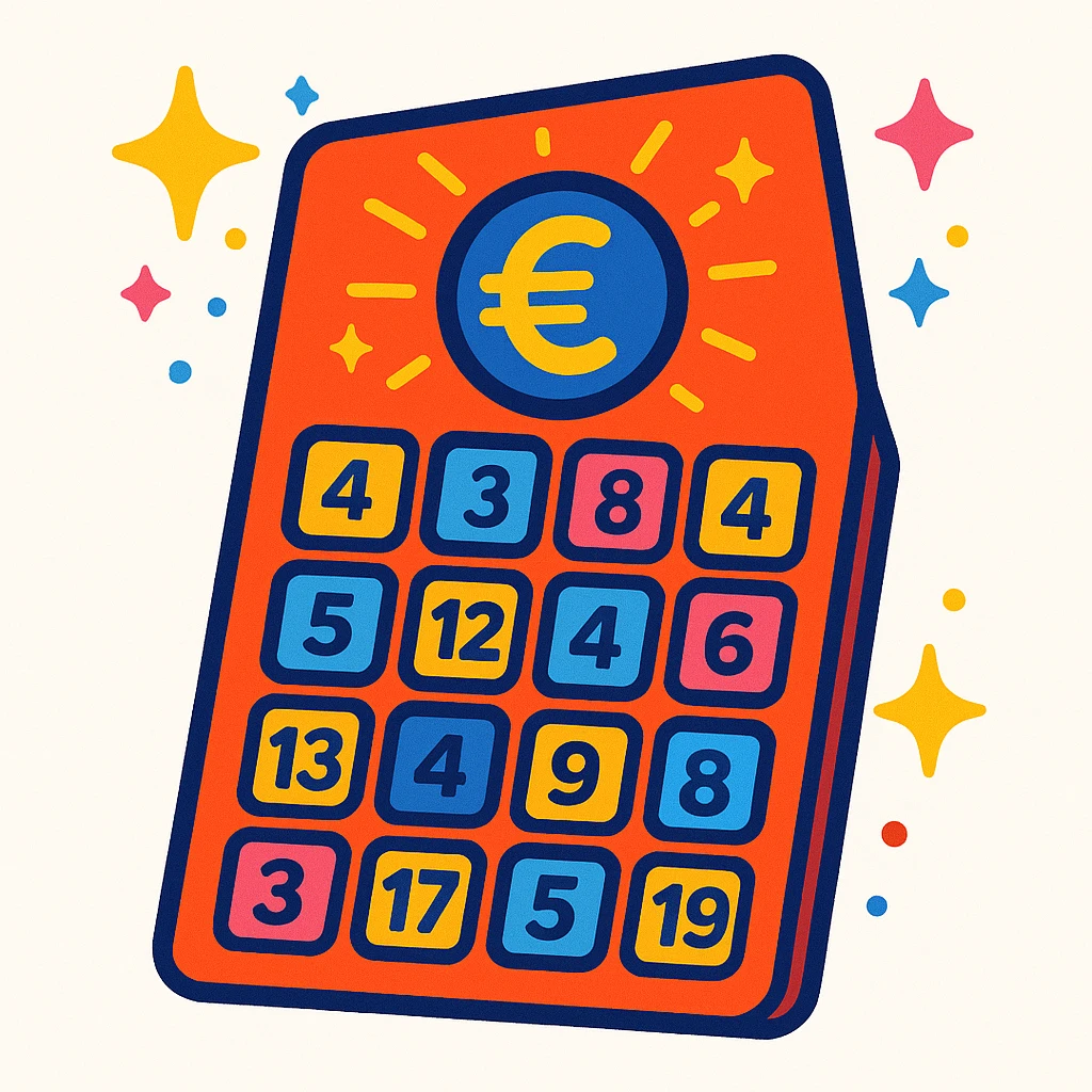 whimsical cute lottery ticket illustration, random number boxes, glowing euro symbol, sparkles, bright cartoonish lucky feel, no text or logos, white background emoji