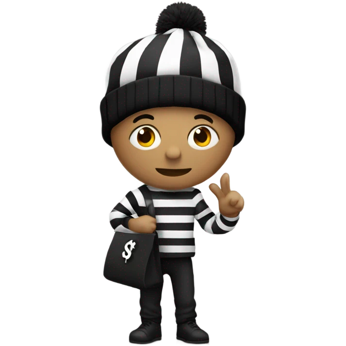 Guy wearing all black and white stripes and a black beanie holding a bag with the $ symbol on it emoji