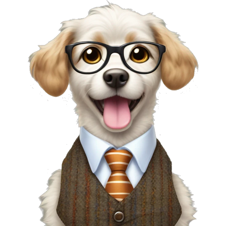 
The dog is small and fluffy, wearing a tweed vest, striped tie, and round glasses, giving it a playful, intelligent look. Its bright eyes and joyful expression, with its tongue sticking out, add to its cheerful charm emoji