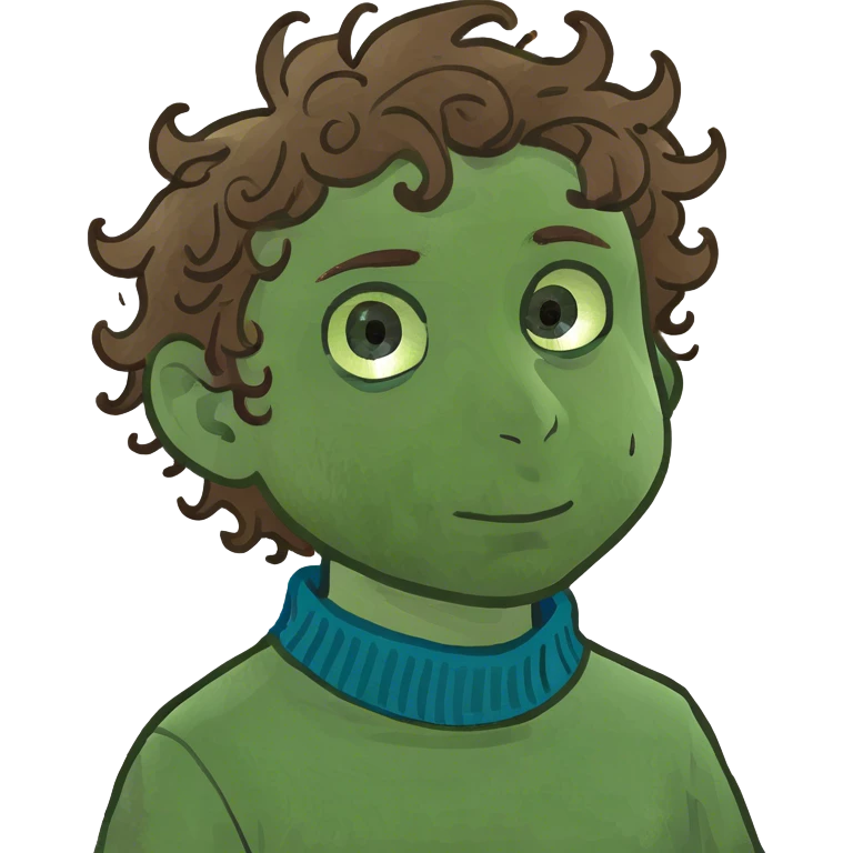 Boy with brown curly hair green eyes and a blue sweater emoji