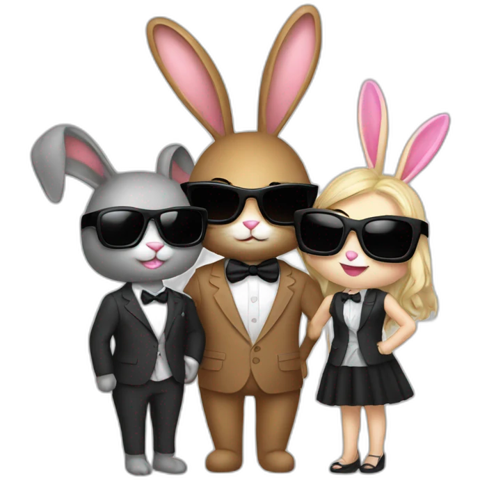 A bunny in sunglasses and a bowtie suit who hugs two model girls emoji