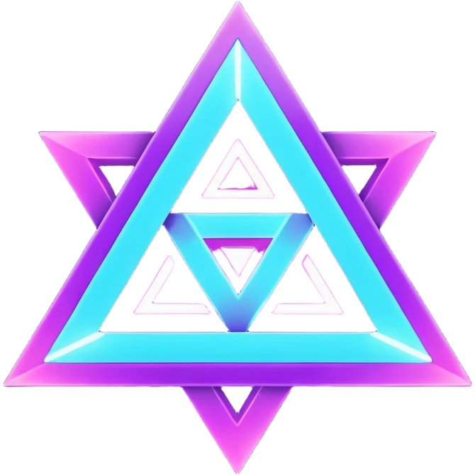 futuristic minimalistic logo icon, glowing triangle formed by three merging neon energy streams representing Storm, Atom, and NoizeGames, neon purple (#8B5CF6) and cyan (#00E0FF), dark background, unity and harmony design, no face, 1:1 aspect ratio emoji