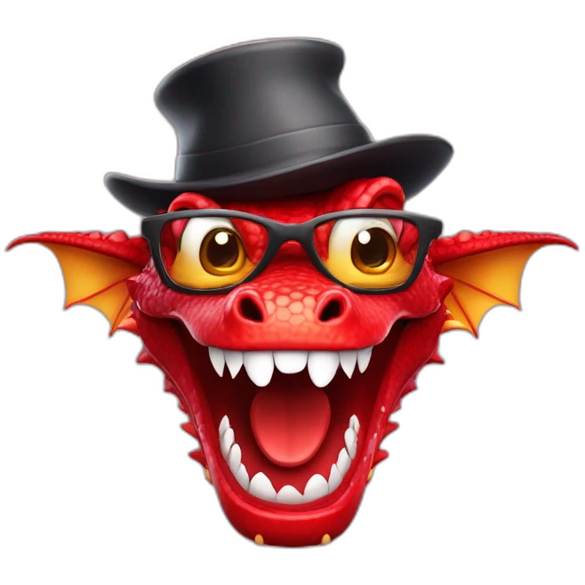 Crazy funny red dragon head with human white teeth and beautiful smile wearing glasses and hat emoji