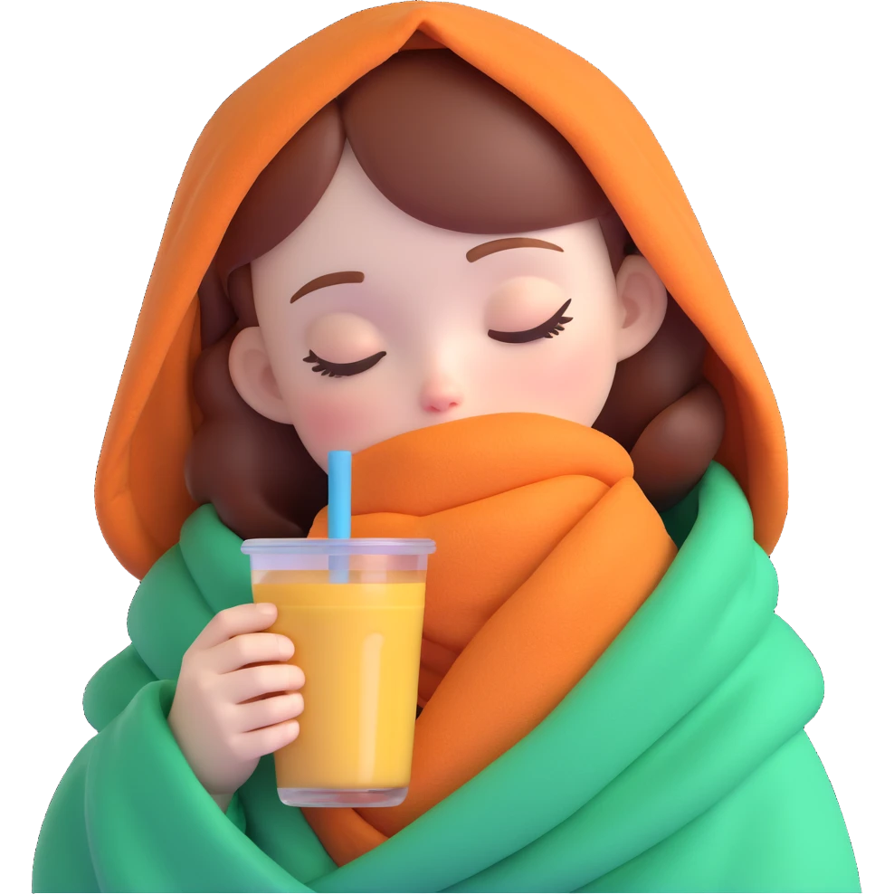 dark ginger haired girl with pale skin, wrapped in a blanket, sipping boba, eyes closed emoji