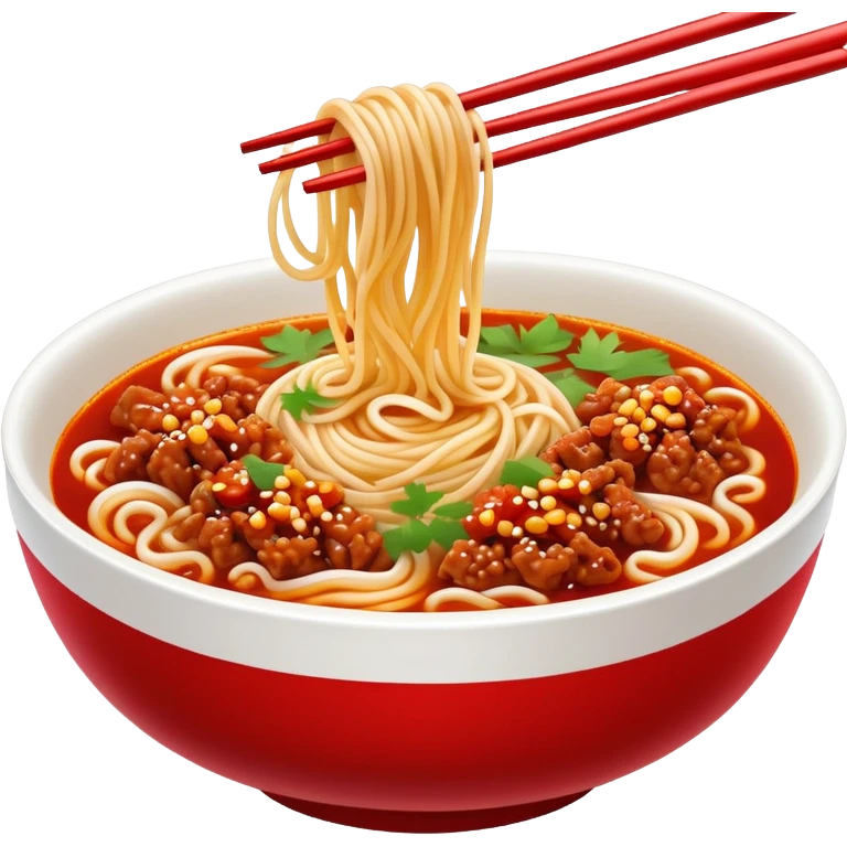 Chengdu Dan Dan Noodles with minced pork and chili oil, simplified emoji style with bold outlines and bright colors, cartoon style Sichuan street food in bowl emoji