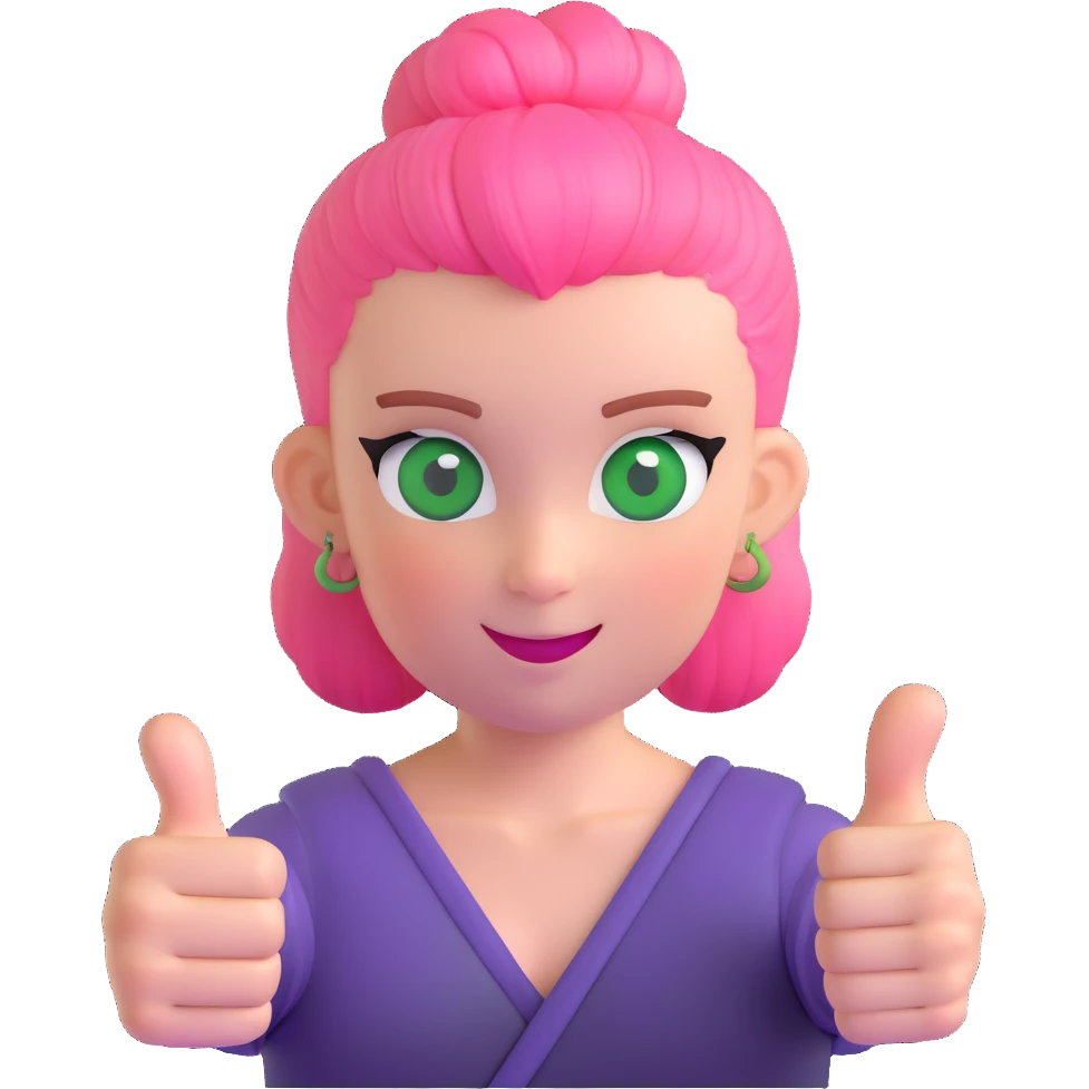 girl with pink topknot haircut and green eyes giving a thumbs up emoji