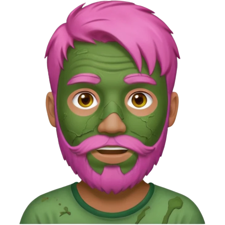 pink haired man with full full face dirty messy green clay mask and beard emoji