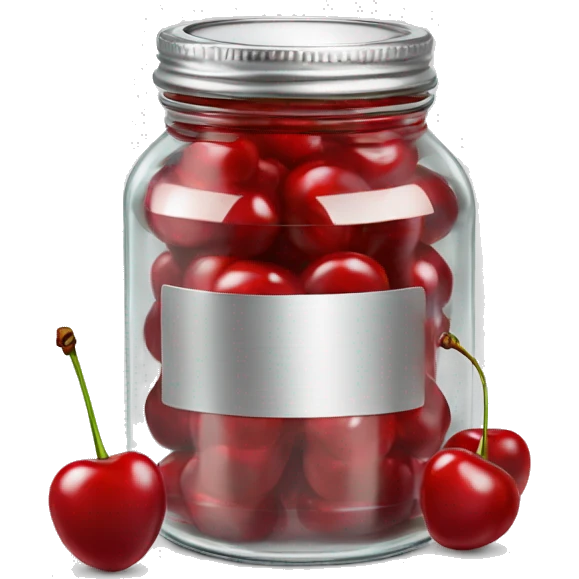 Realistic glass jar with silver metallic lid filled with maraschino cherries inside of it. emoji