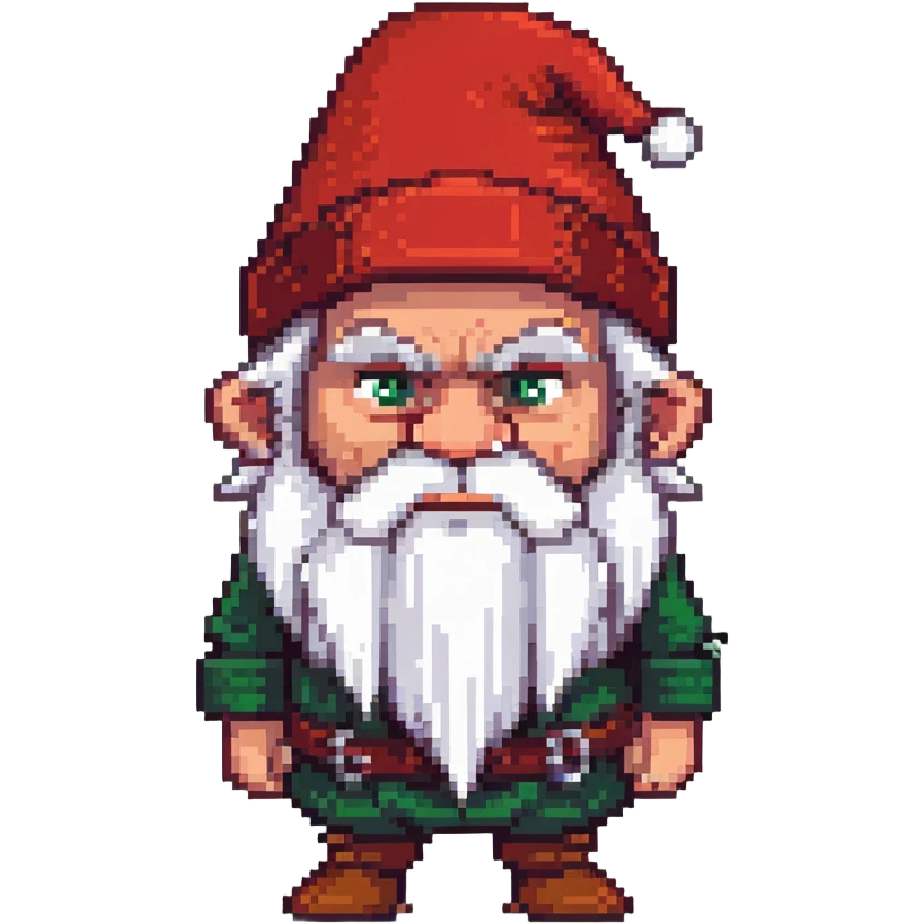 Grumpy-looking dwarf with white beard, red hat, frowning face with bushy eyebrows emoji