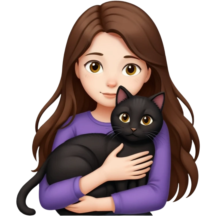 A girl with long brown hair hugs a black cat tightly emoji