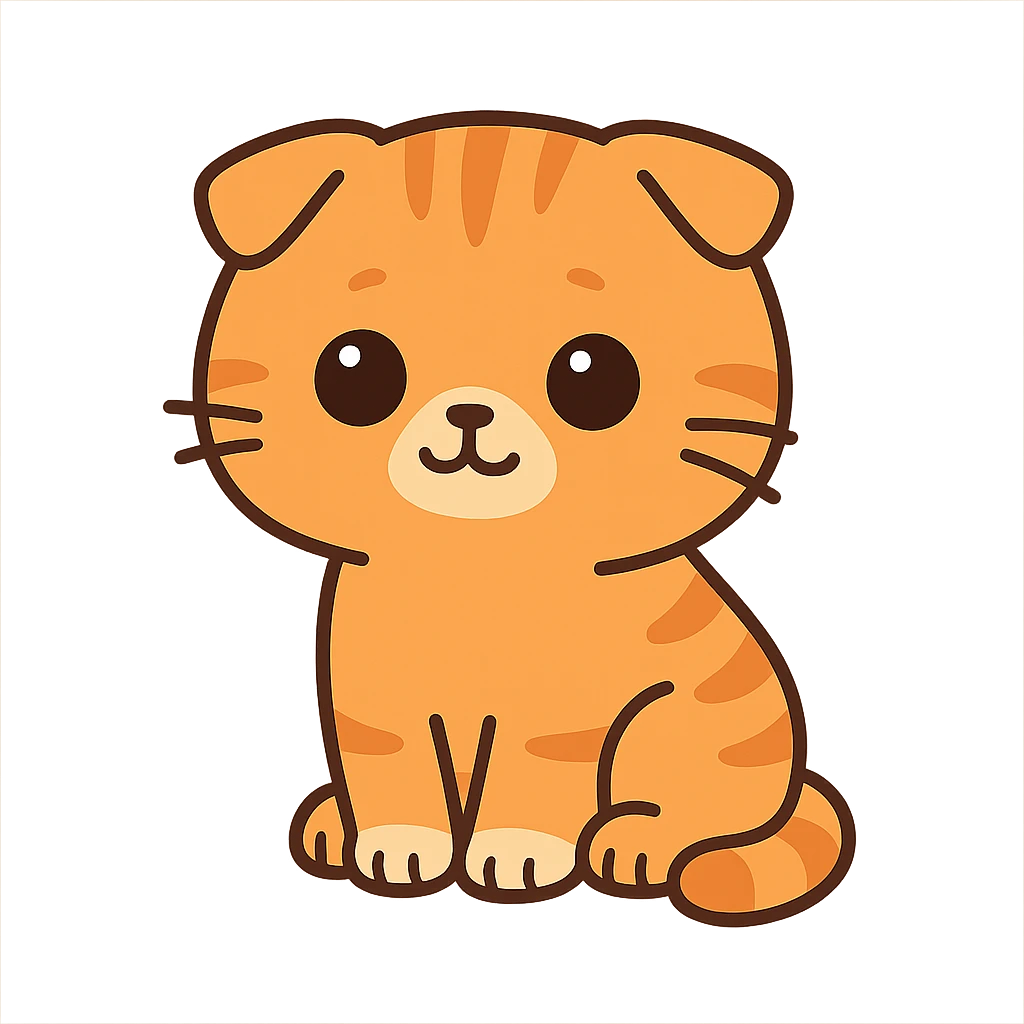 flat toon style kawaii orange scottish fold kitten sitting, dark round eyes, cute emoji