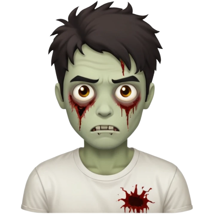 make an emoji of a dark haired guy with a messy head with thick eyebrows, brown eyes, zombie in white tee emoji