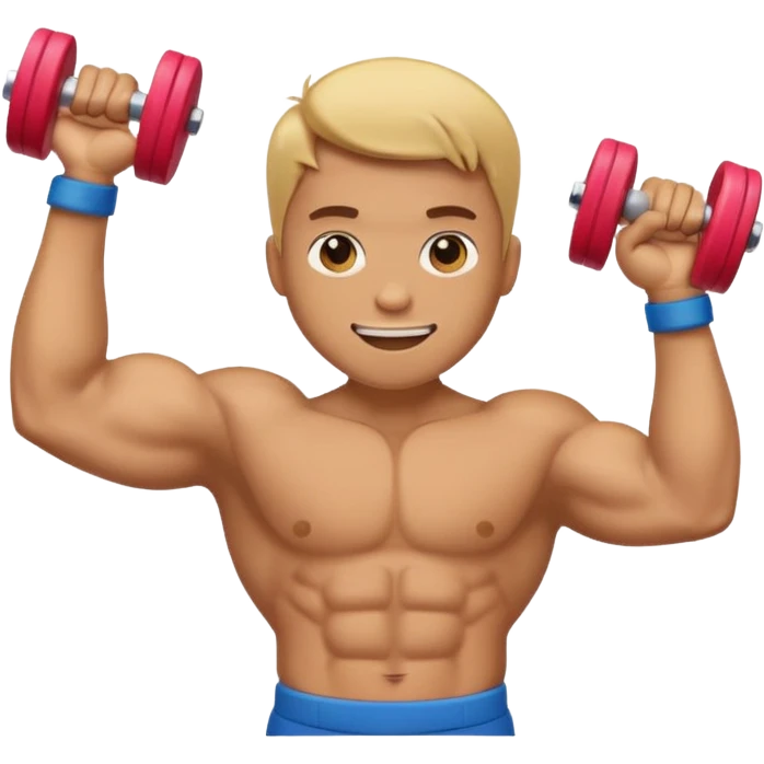An energetic, emoji-style character flexing his bicep while holding a dumbbell, surrounded by a fun, celebratory vibe like 💃🎉🎊. Bright colors, bold expressions, simple rounded shapes, and a lively, upbeat atmosphere emoji