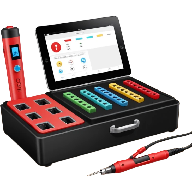 Open professional black testing case on wooden desk. Interior: control panel with colored sockets, USB ports, and power outlet. Inside: a roll of white QR-code calibration stickers. Hand using a red test probe.  emoji